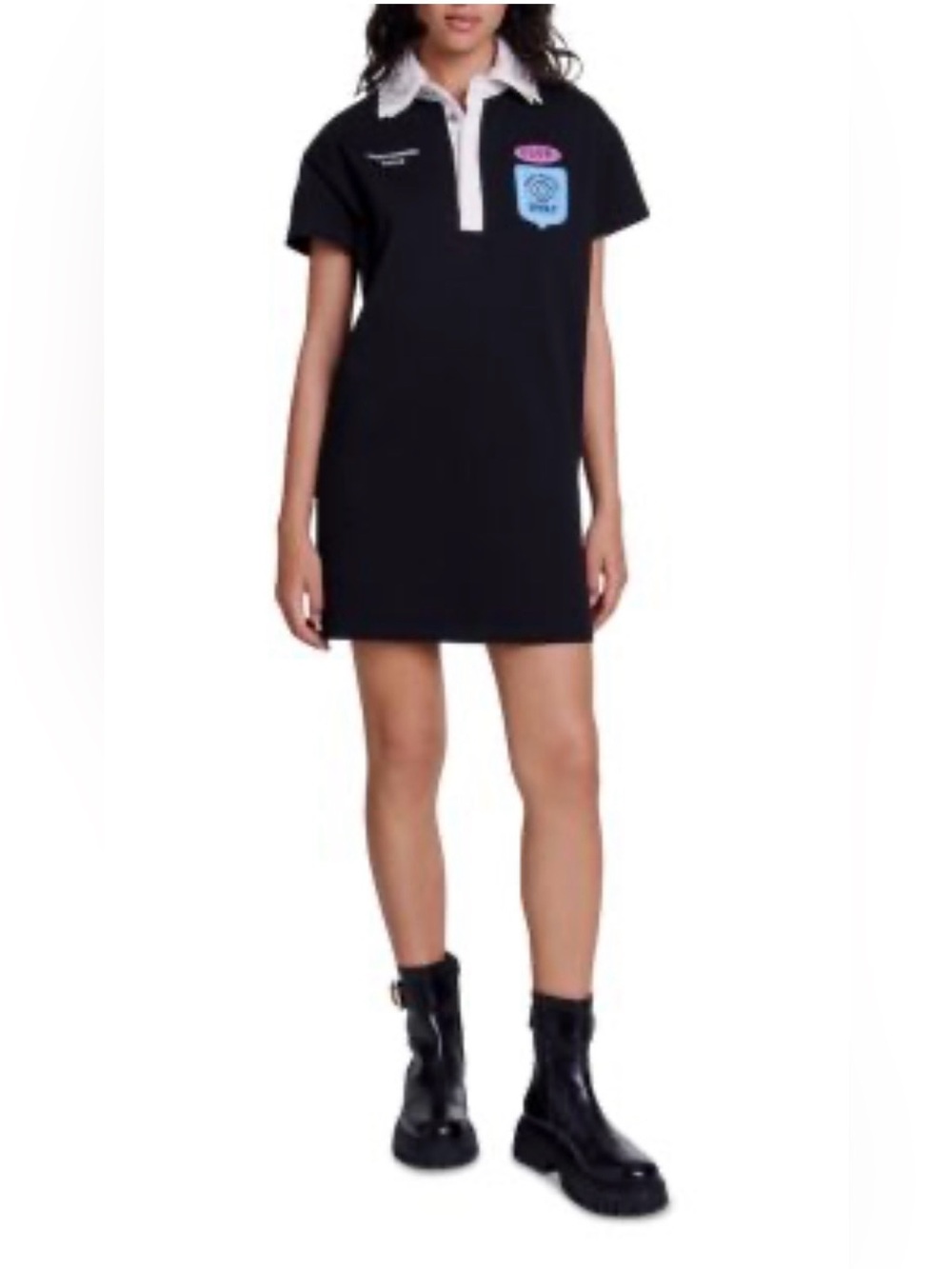 Maje Embroidered Black Polo Shirt Dress with Badge Detail